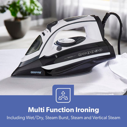 Geepas Ceramic Steam Iron, Temperature Control, Gsi24025 Ceramic Sole Plate, Wet And Dry Self Cleaning Function Powerful Steam Burst 400ML Water Tank 2 Years Warranty, Brown, 3000W