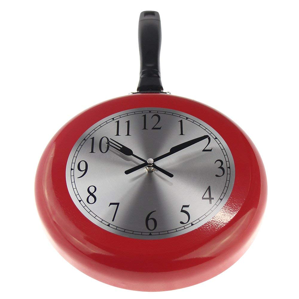 Timelike Wall Clock, 10 inch Metal Frying Pan Kitchen Wall Clock Home Decor - Kitchen Themed Unique Wall Clock with a Screwdriver (Red)