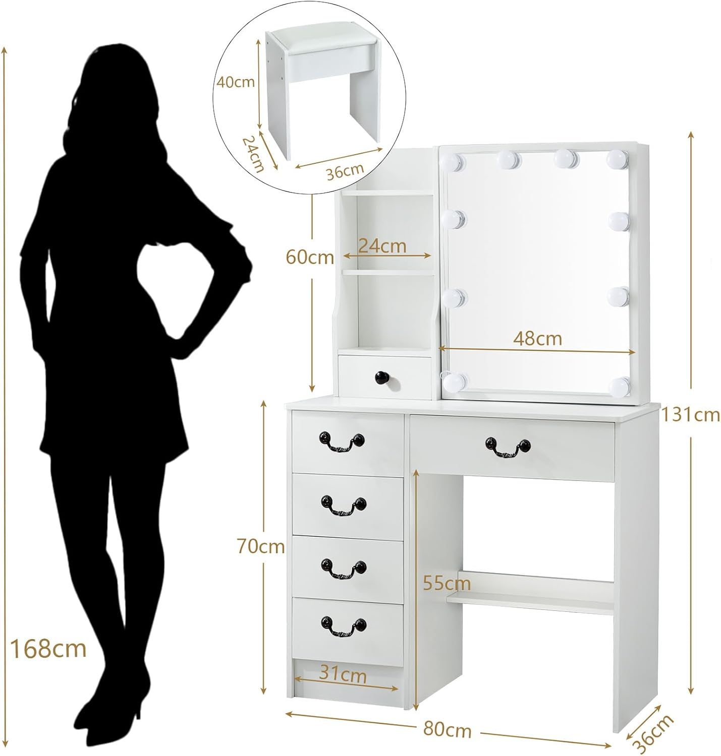 LIANWANG Dressing Table with LED Lighting, 3 Colour Temperatures, Adjustable Brightness, Dressing Table with Mirror for Make-Up, 6 Drawers, 1 Stool, 131 x 80 x 36 cm, White