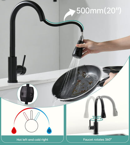 DAYONE Chrome Kitchen Faucet with Pull Down Sprayer, Single Handle Kitchen Mixer with 3 Water Modes Stainless Steel Kitchen Taps