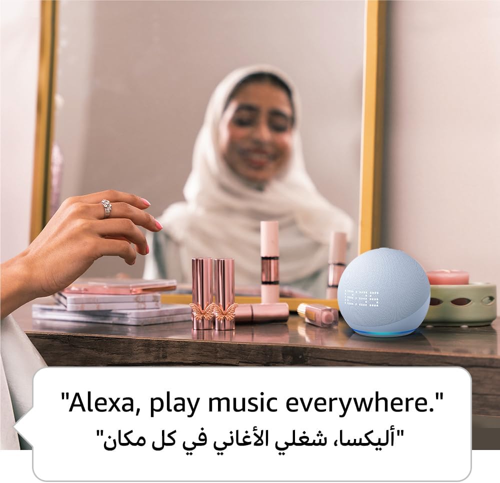 Echo Dot (5th Gen) | smart bluetooth speaker with clock and Alexa | Use your voice to control smart home devices, play music or the Quran, and more (speaks English & Khaleeji) | Cloud Blue