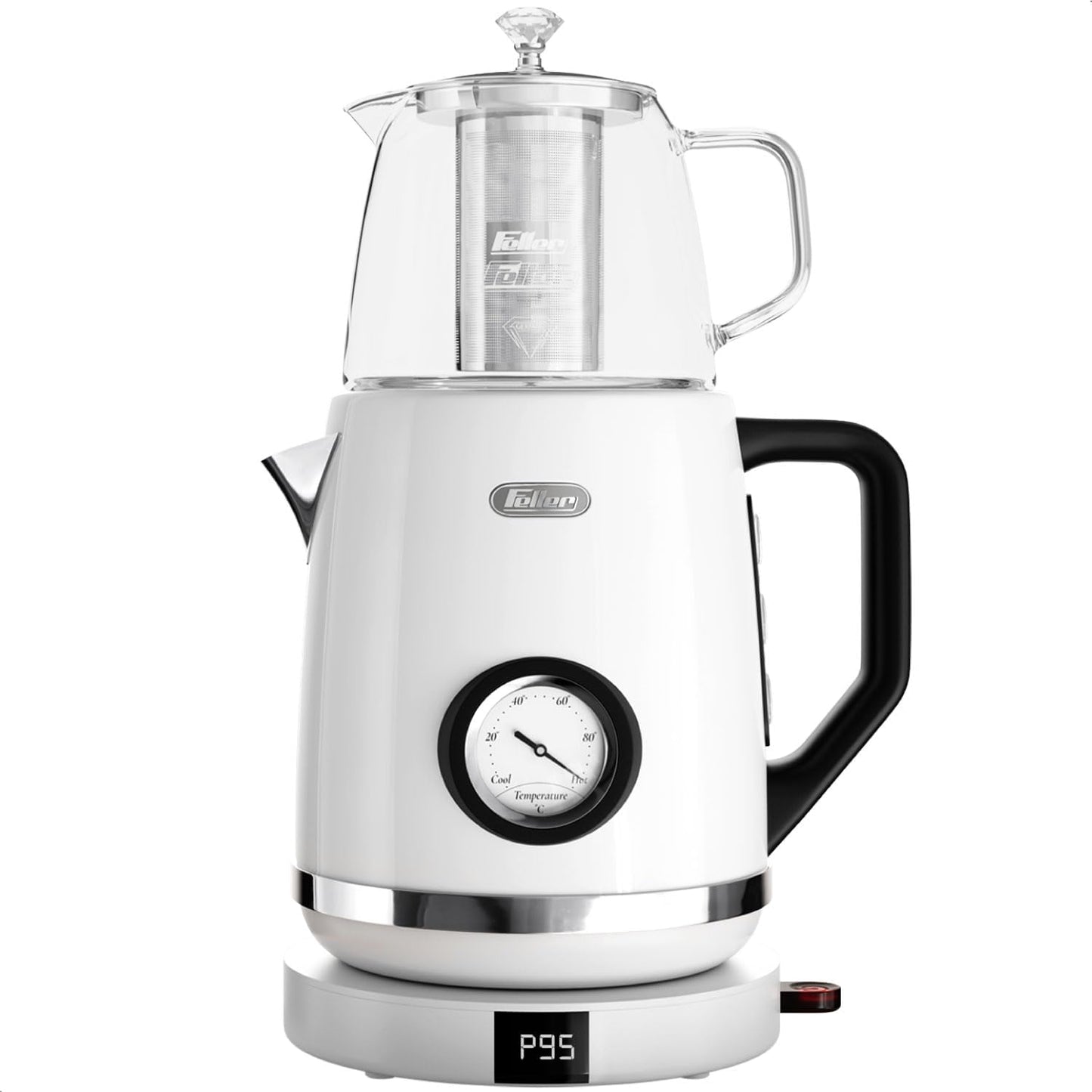 Feller Germany, Retro Style 1.7L 2-in-1 Stainless Steel Tea Maker+Kettle, 2200W, 85/95/100°C Adjustable Touch-Sensitive Temp Setting,LED Display, TS290,2Y Guarantee-UAE Version (Black)