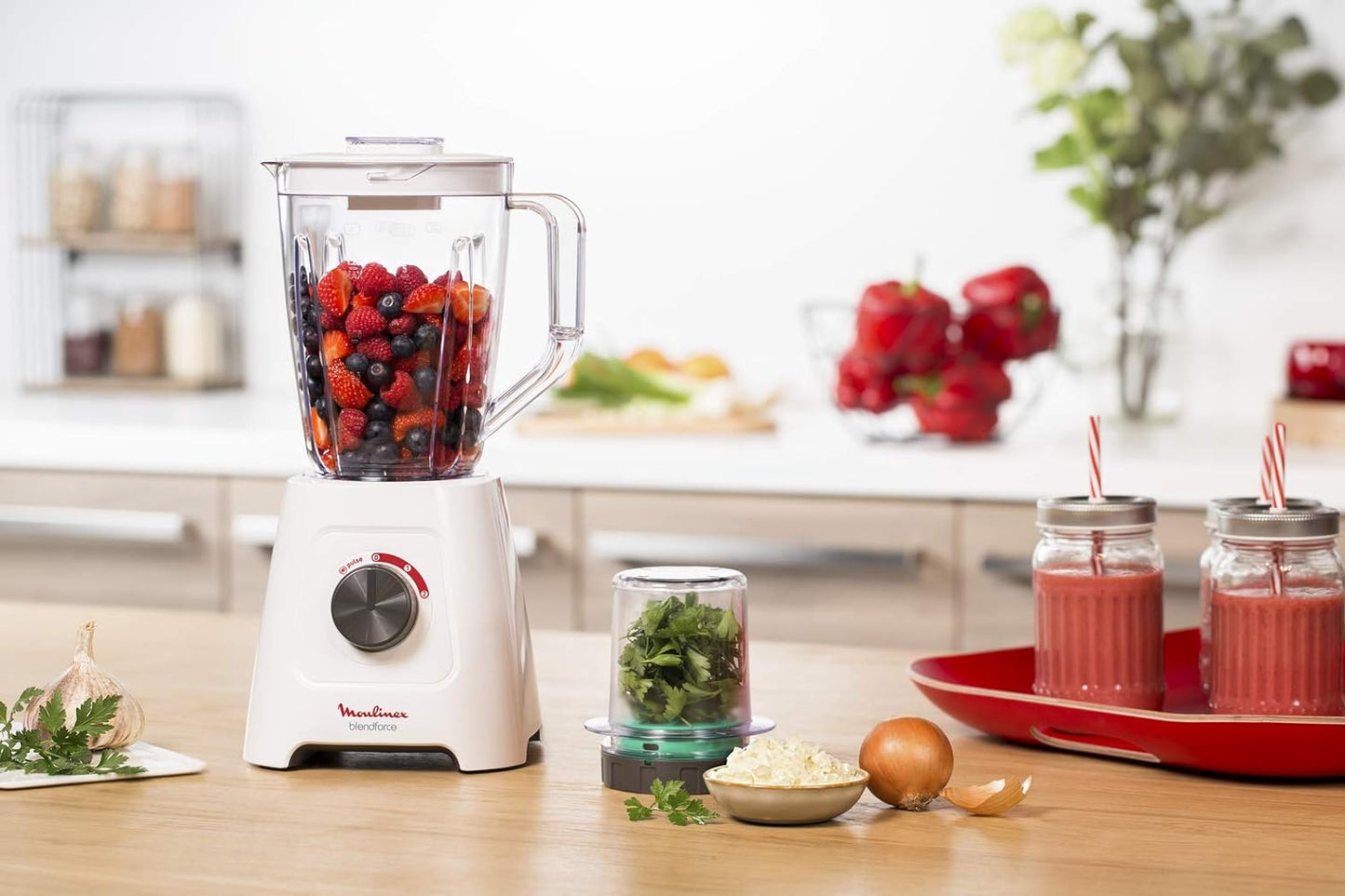 MOULINEX Blender | BlendForce XXL Jar 2.8 L Blender Smoothie Maker | Mixer | 600 W | 2 Attachments | 2.8L XXL Plastic Jar| 6 Powelix Blades | Ice Crush | 2 Speeds | 2 Years Warranty | LM458127