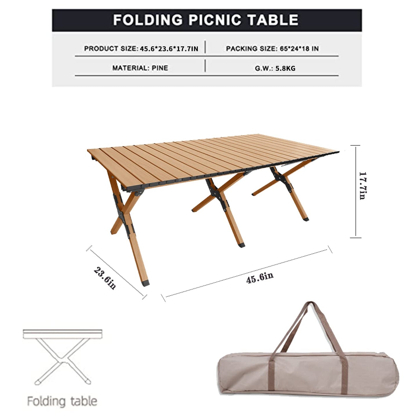 Jorunb Large Foldable Table,Portable Camping Table,Picnic Table,Backpacking Table with Storage Waterproof Pocket,for Outdoor BBQ,Cookout,Picnic,Beach 95 * 55 * 50cm