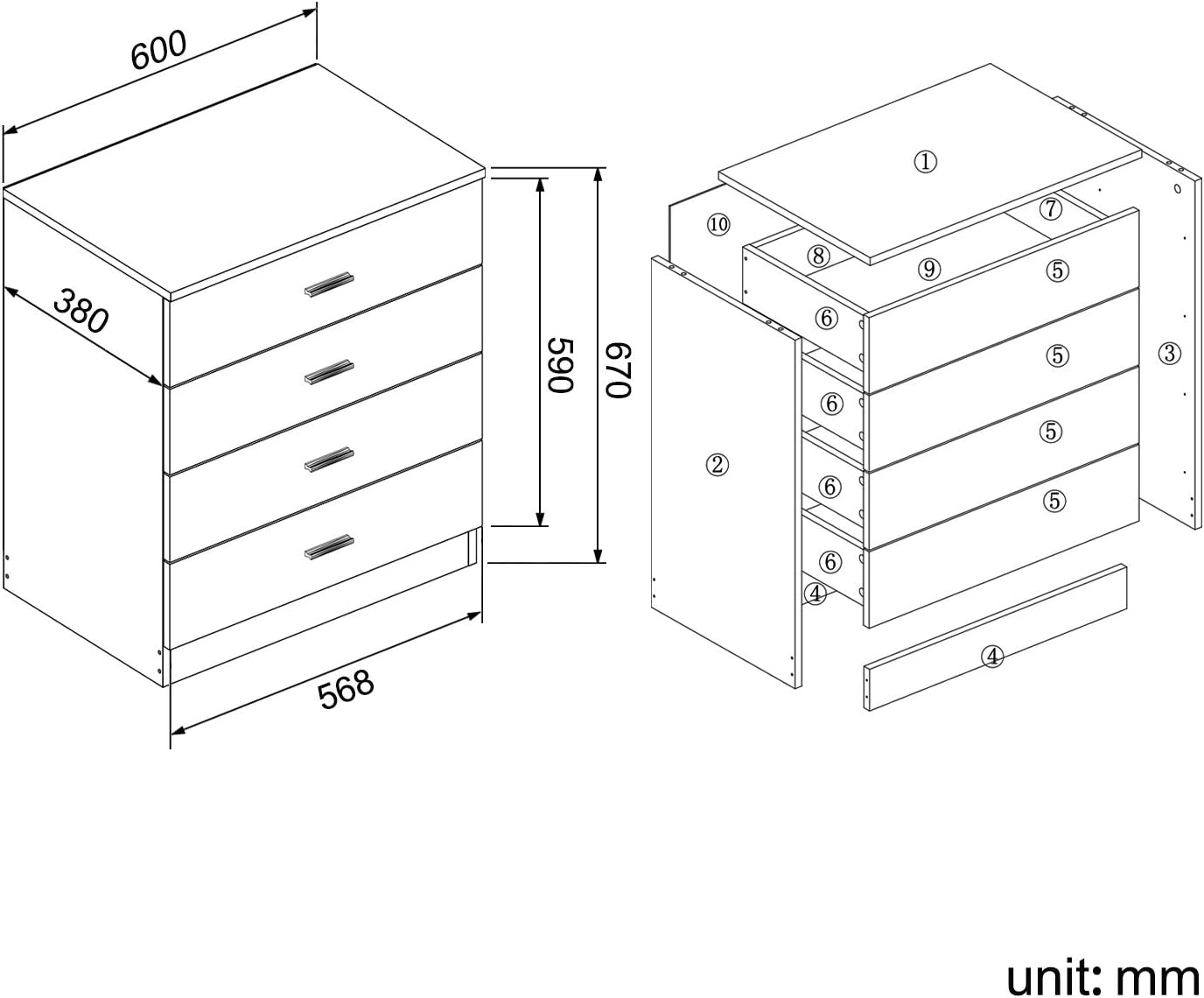 ZANOFIRA 600mm Bedroom Chest of Drawers with 4 White/Oak Storage Draws for Tower and Clothes Cabinet Organiser Ideas Units High Gloss Bedroom Furniture Set