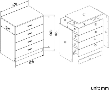 ZANOFIRA 600mm Bedroom Chest of Drawers with 4 White/Oak Storage Draws for Tower and Clothes Cabinet Organiser Ideas Units High Gloss Bedroom Furniture Set