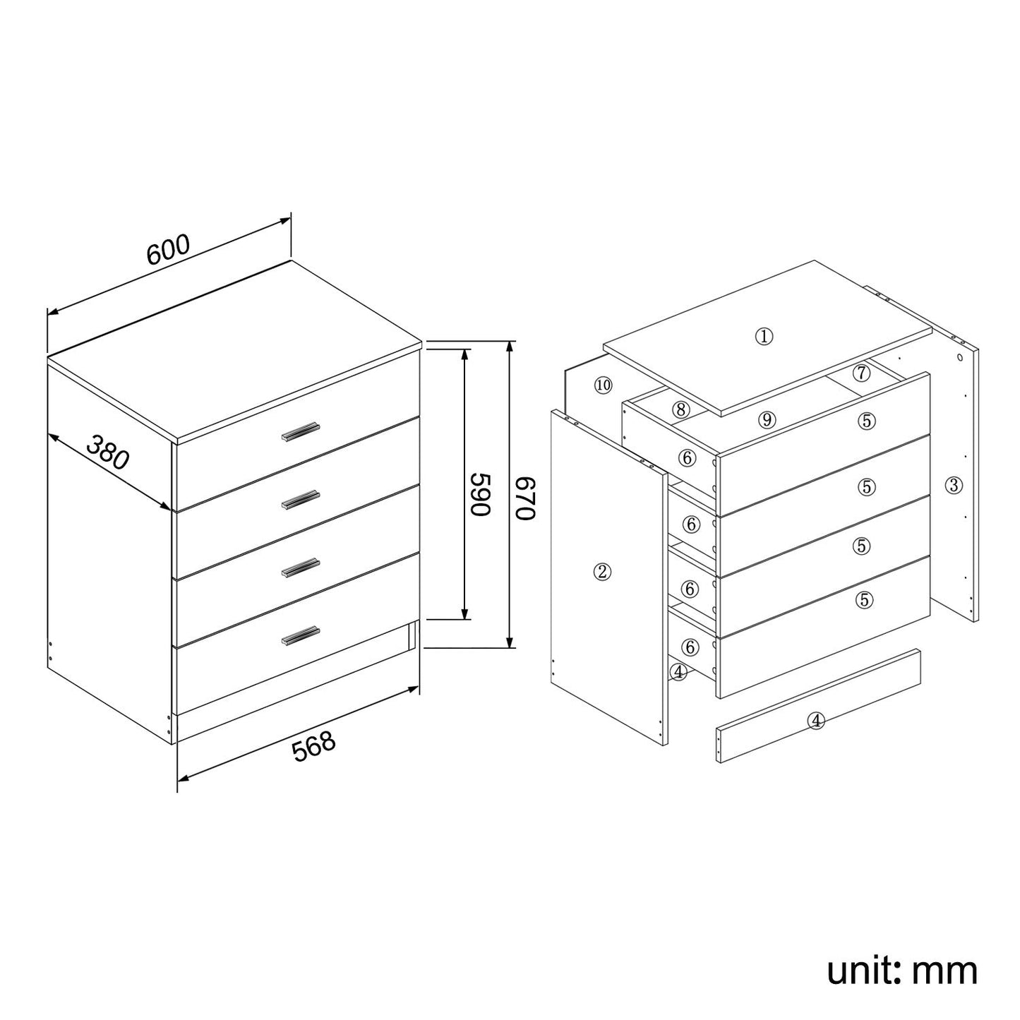 ZANOFIRA 600mm Bedroom Chest of Drawers with 4 White/Oak Storage Draws for Tower and Clothes Cabinet Organiser Ideas Units High Gloss Bedroom Furniture Set