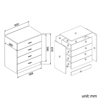 ZANOFIRA 600mm Bedroom Chest of Drawers with 4 White/Oak Storage Draws for Tower and Clothes Cabinet Organiser Ideas Units High Gloss Bedroom Furniture Set