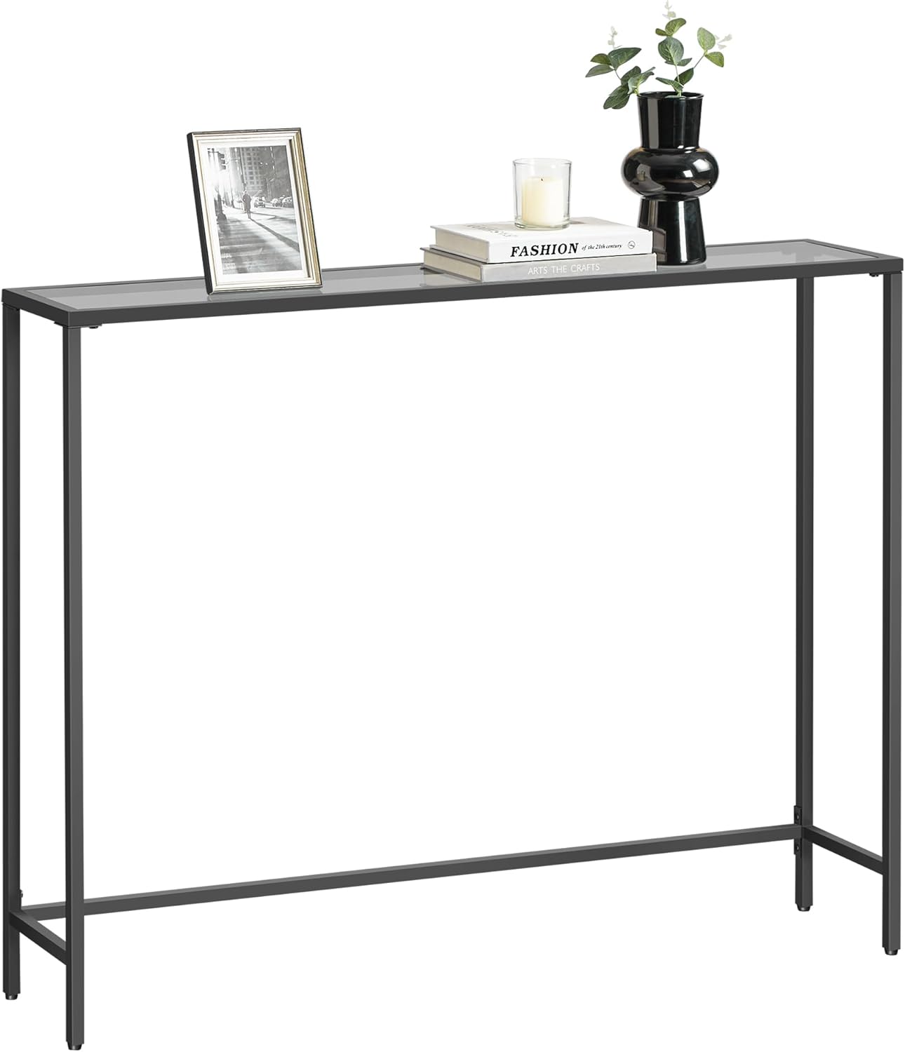 VASAGLE Console Table, Tempered Glass Sofa Table, Modern Entryway Table, Metal Frame, Easy to Assemble, Adjustable Feet, for Living Room, Hallway, Black ULGT026B01