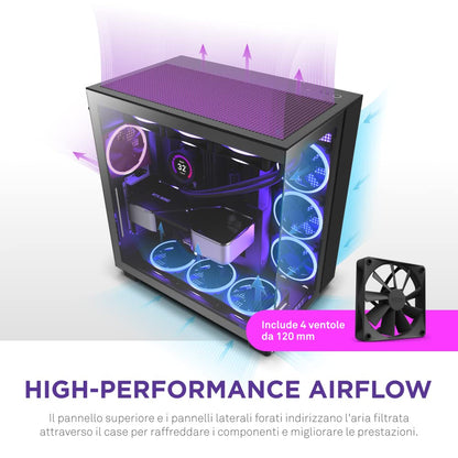 NZXT H9 Flow Dual-Chamber ATX Mid-Tower PC Gaming Case CM-H91FW-01 - High-Airflow Perforated Top Panel Tempered Glass Front & Side Panels 360mm Radiator Support Cable Management White