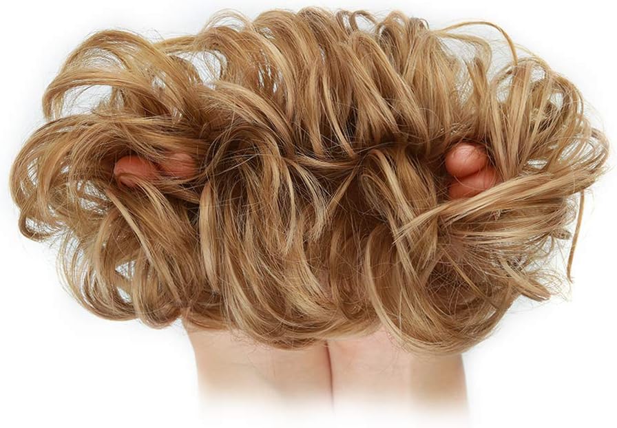 MORICA 1PCS Messy Hair Bun Hair Scrunchies Extension Curly Wavy Messy Synthetic Chignon for Women (12AH613(Light Golden Brown & Lightest Blonde))