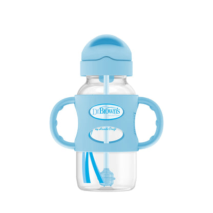 Dr. Brown’s® Milestones™ Narrow Sippy Straw Bottle with 100% Silicone Handles, 8oz/250mL, Gray & Blue, 2 Pack, 6m+