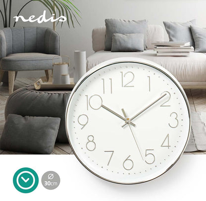 Nedis White and Silver Circle Wall Clock - CLWA015PC30SR - 30cm Diameter