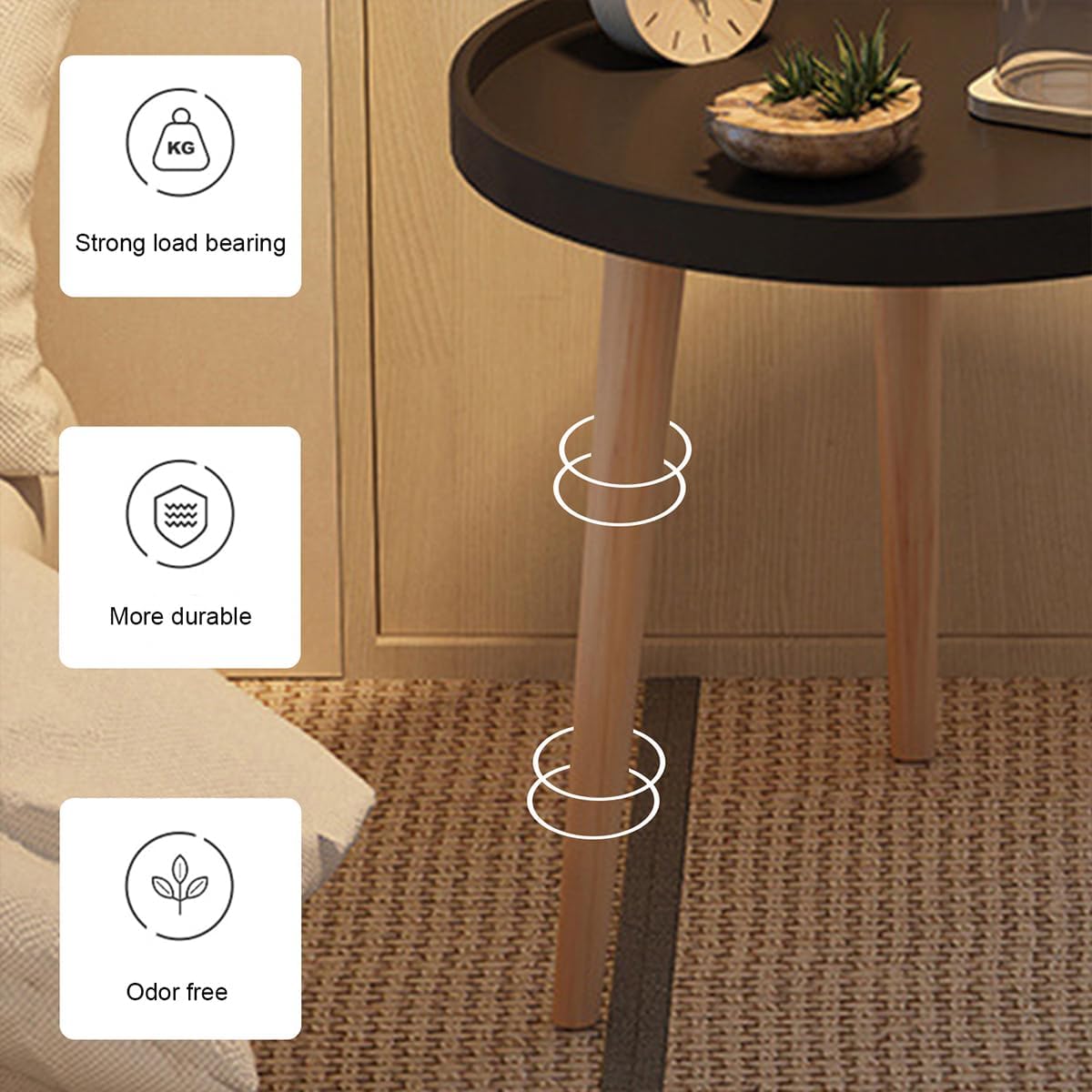 Round coffee table, small side table, solid wood leg side table for living room sofa, modern home decoration small coffee table, suitable for bedroom, living room, office, balcony (Black)