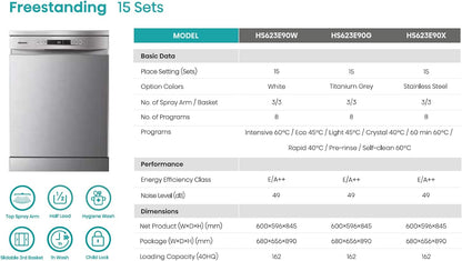 Hisense 15 Place settings Freestanding Dishwasher 8 Programs Color Titanium Grey Model HS623E90G " 1 Year Warranty.