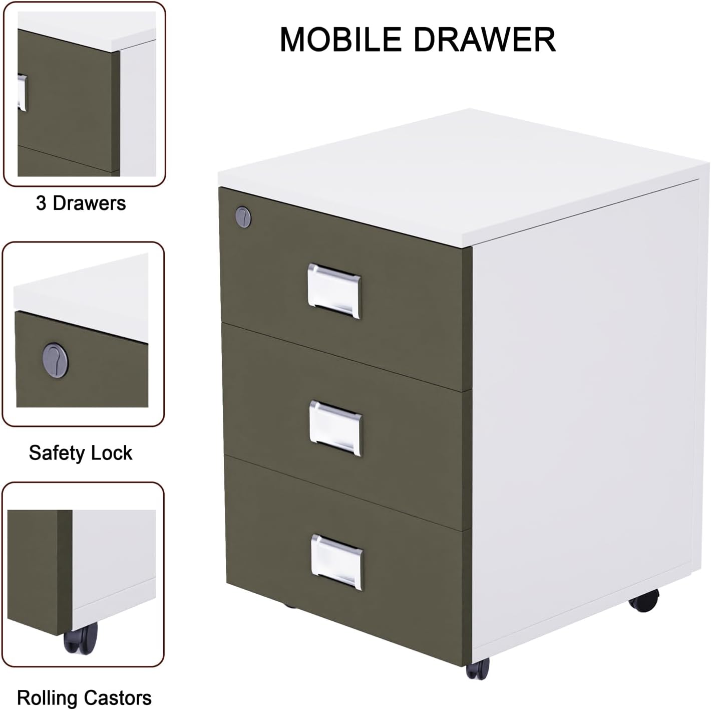 Mahmayi Carre Modern Workstation- Office Furniture with Steel Square Metal Legs, Silver Modesty Panel, Wood 3 Drawer Mobile Storage Unit, Tempered Glass Top for Office Executives, Home (140CM, White)