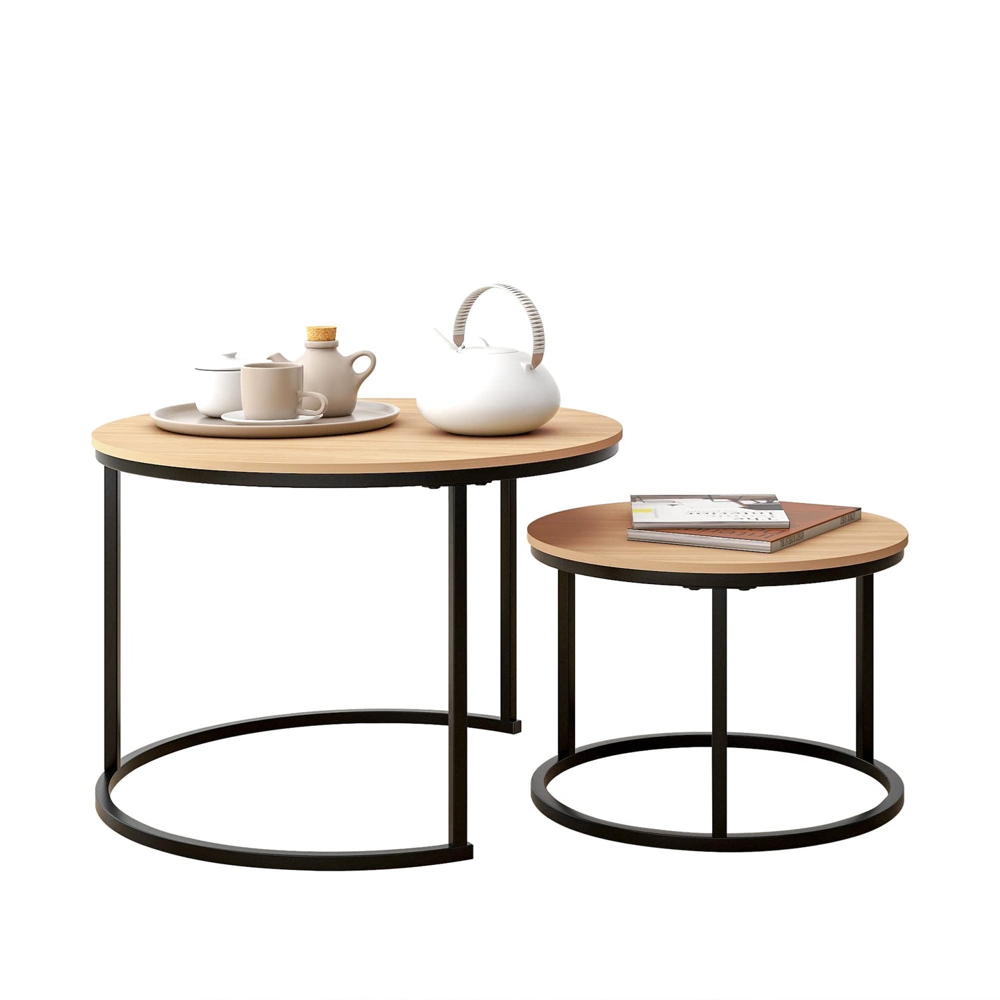 HOJINLINERO Nesting Round Coffee Table Set of 2 End Tables for Living Room,Grey Coffee Table Wooden Accent Furniture with Metal Frame,Stacking Side Tables,Black+Warm Grey