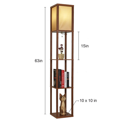 Garwarm LED Shelf Floor Lamp -Asian Wooden Frame-Tall Lights with Organizer Storage Display Shelves-Modern Standing Lamps for Living Room Bedroom (Brown)