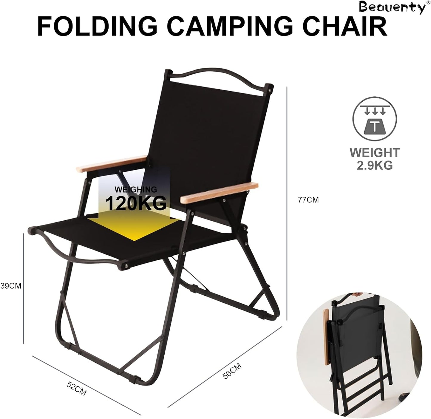 Beauenty Easy Folding Camping Chair with Wooden Handles, Portable Foldable Chair Load Up to 115KG for Outdoor Camping Beach Fishing Picnic (L Black （Height 76CM）)