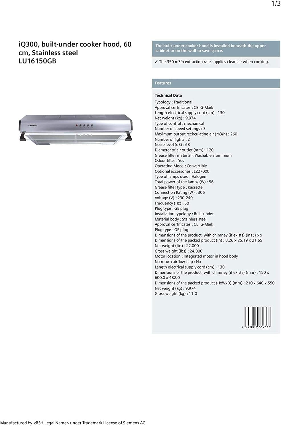 Siemens 60 Cm Built Under Cooker Hood With Charcoal Filter, German Engineering, 3 Years Warranty, Lu16150Gb