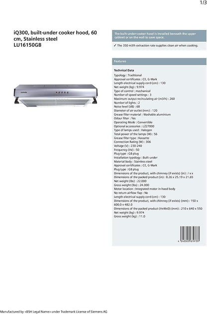 Siemens 60 Cm Built Under Cooker Hood With Charcoal Filter, German Engineering, 3 Years Warranty, Lu16150Gb