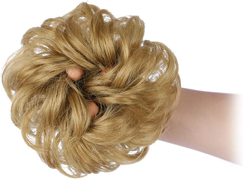 MORICA 1PCS Messy Hair Bun Hair Scrunchies Extension Curly Wavy Messy Synthetic Chignon for Women (12AH613(Light Golden Brown & Lightest Blonde))