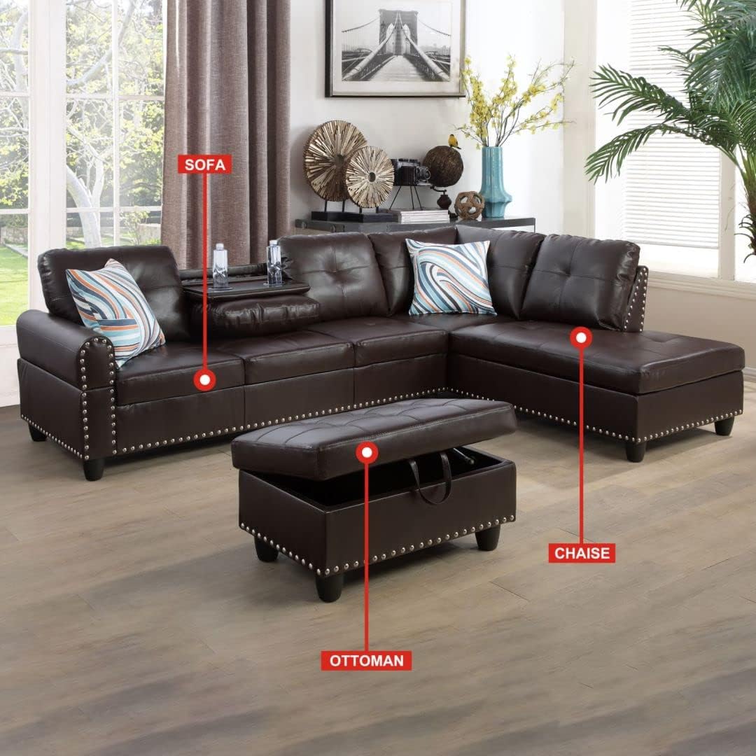 UBGO Sectional Living Room Furniture, L-Shape Couch with Ottomans and Chaise Lounge,Faux Synthetic Leather Nailhead Trim w/Cup Holders,3-Piece Sofa Set, Brown-B