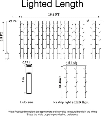 AUTOYSUR 16.4ft 256 LEDs Solar Icicle String Lights 8 Modes Waterproof Icicle Christmas Lights Outdoor Curtain Fairy Lights, Window Bedroom Wedding LED Waterfall Decorations Lights