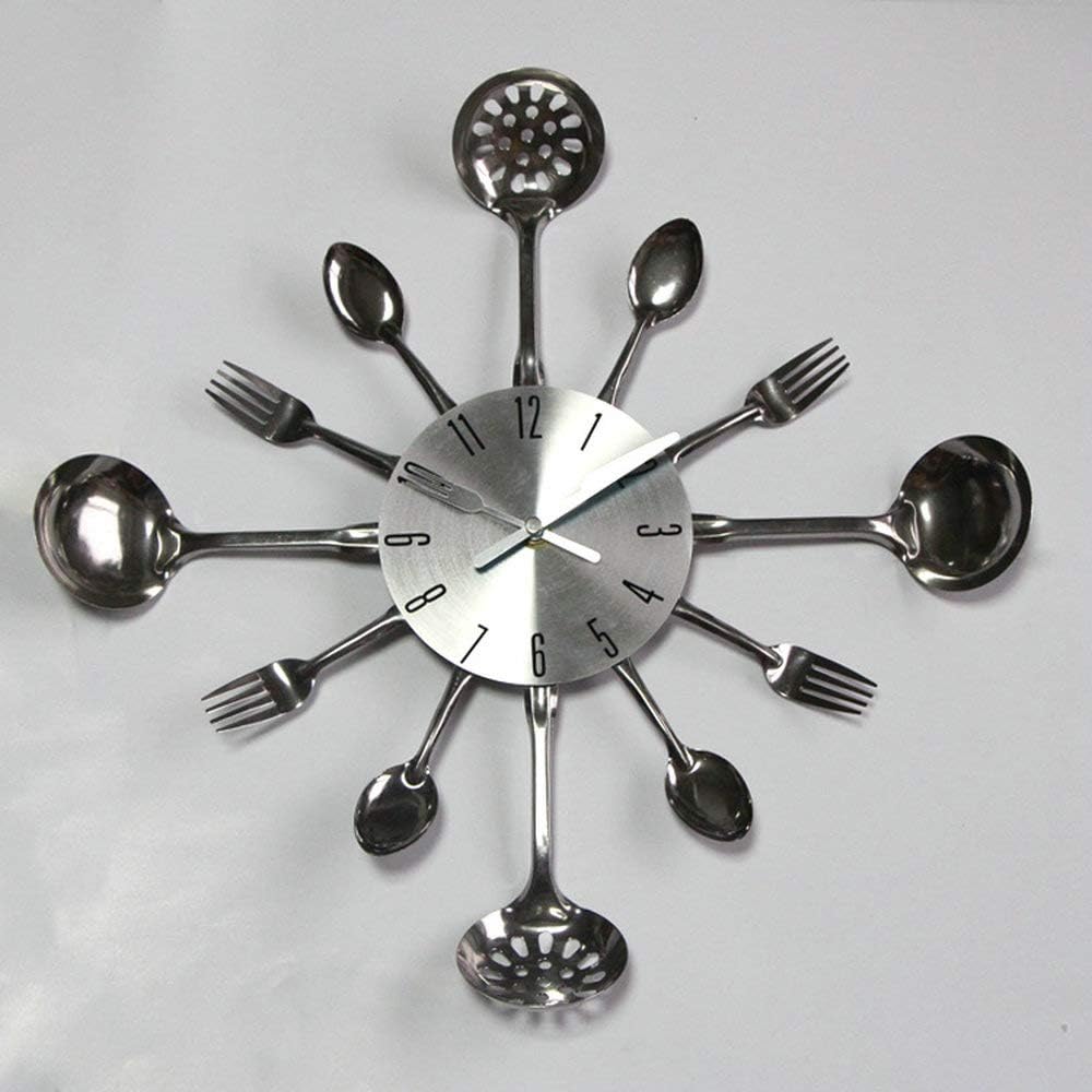 Timelike Wall Clock, 16" Metal Kitchen Cutlery Utensil Spoon Fork Wall Clock Creative Modern Home Decor Antique Style Wall Watch (Black)