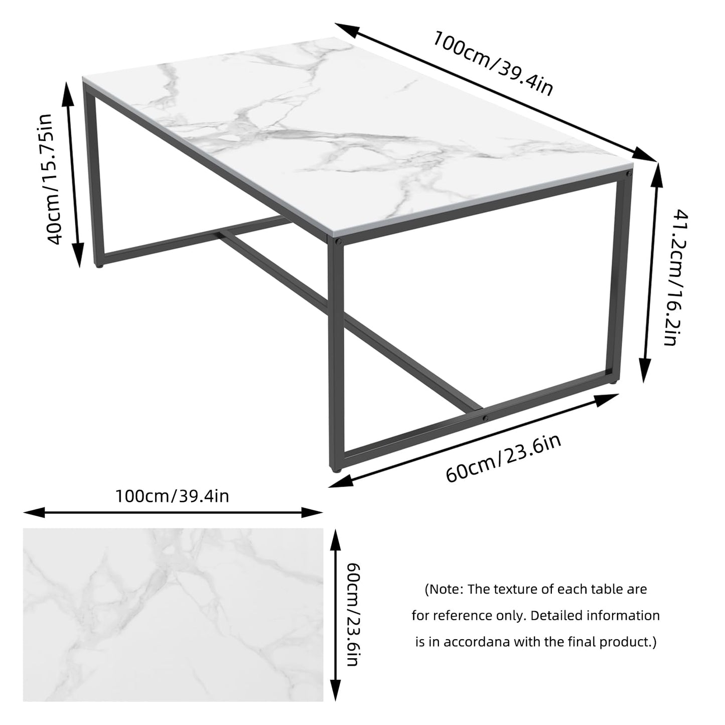 Marble Top Coffee Tables Rectangle: Sintered Stone Large Black Coffee Table Marbles Effect Tabletop with Sturdy Metal Legs Modern Sofa Center Table for Living Room Furniture Decor 100x60x42 CM