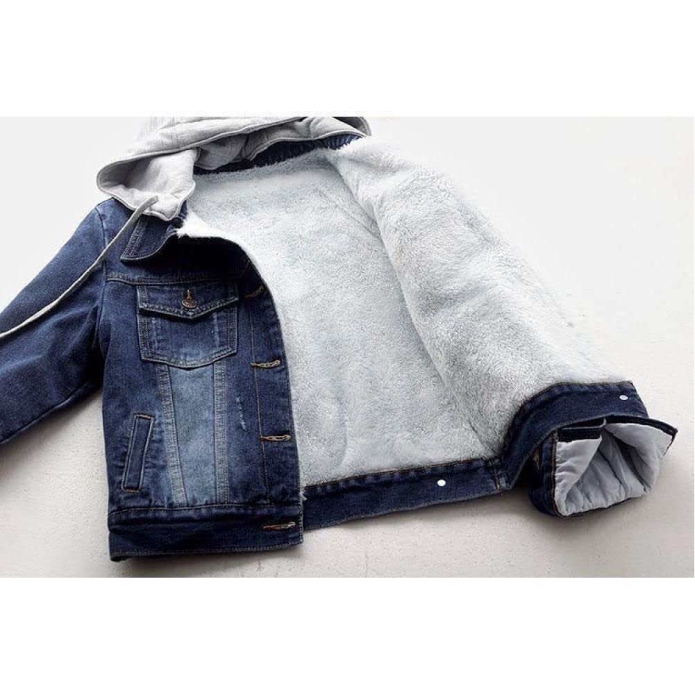 Denim Jacket Women Winter Korean Style Hooded Short Long-Sleeved Woolen Cloth Plus Velvet Thick Lamb Wool Cotton Coat