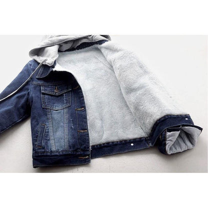 Denim Jacket Women Winter Korean Style Hooded Short Long-Sleeved Woolen Cloth Plus Velvet Thick Lamb Wool Cotton Coat