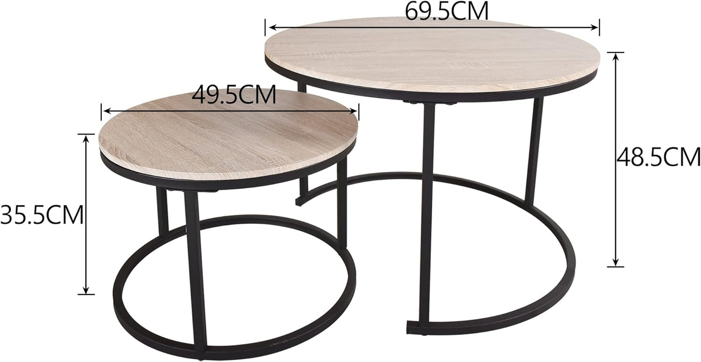 HOJINLINERO Nesting Coffee Table Round Set of 2 End Tables for Living Room,Industrial Stacking Side Tables,Wood Look Accent Furniture with Metal Frame End Table for Bedroom Decorations,Black+Brown