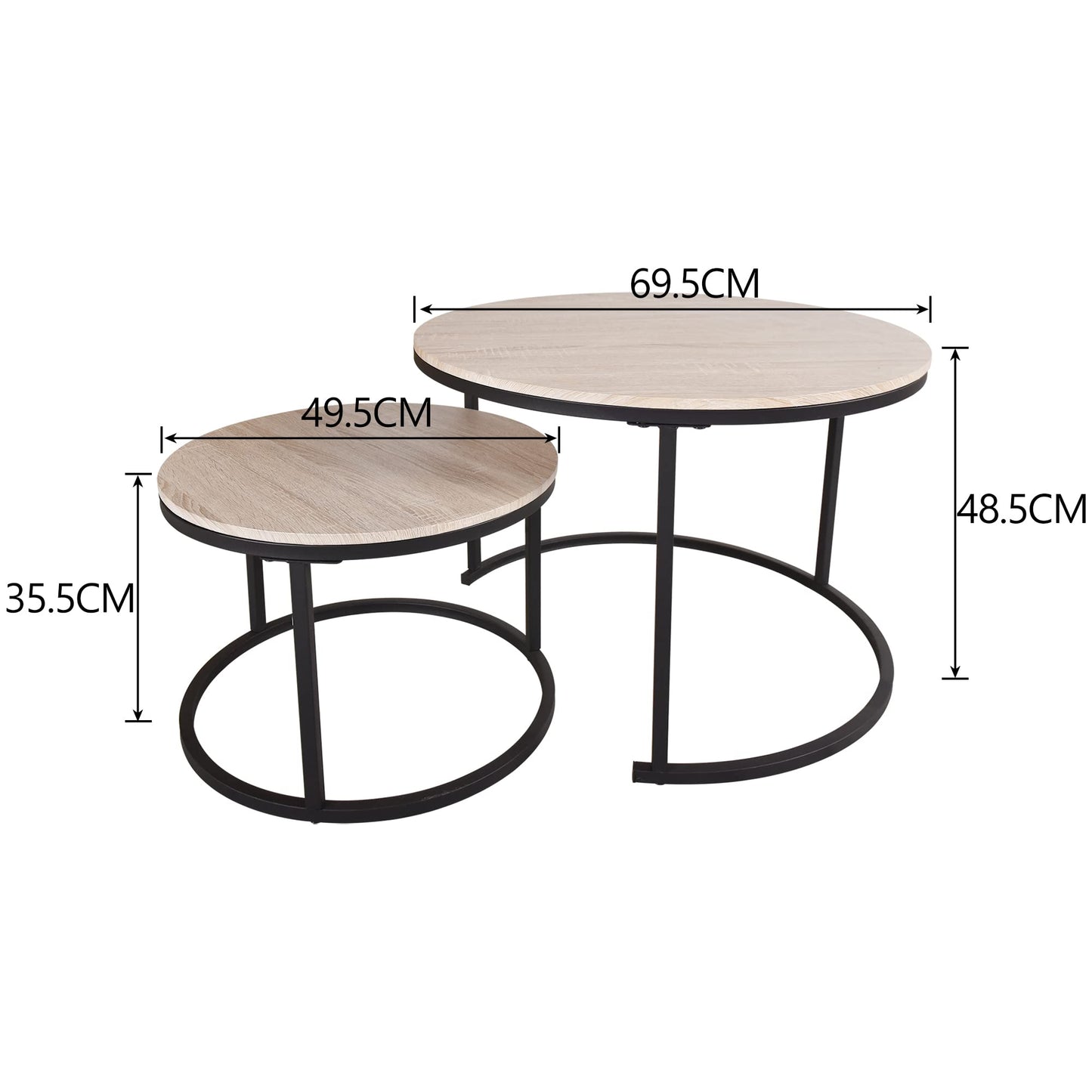 FOUBAM Round Coffee Tables for Living Room Furniture Wood Nesting Coffee Table Set of 2 Stacking Side Tea Table for Small Spaces Balcony Office, Stable Metal Frame,Easy Assembly(Black+Natural Oak)