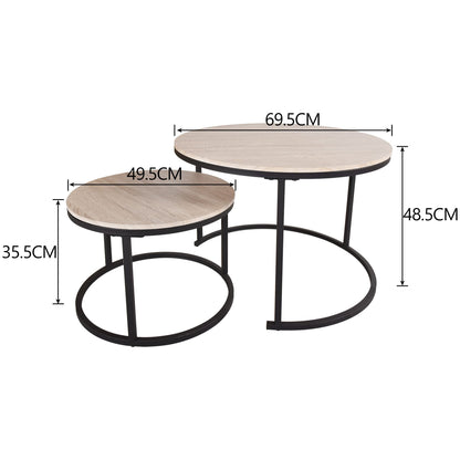 FOUBAM Round Coffee Tables for Living Room Furniture Wood Nesting Coffee Table Set of 2 Stacking Side Tea Table for Small Spaces Balcony Office, Stable Metal Frame,Easy Assembly(Black+Natural Oak)