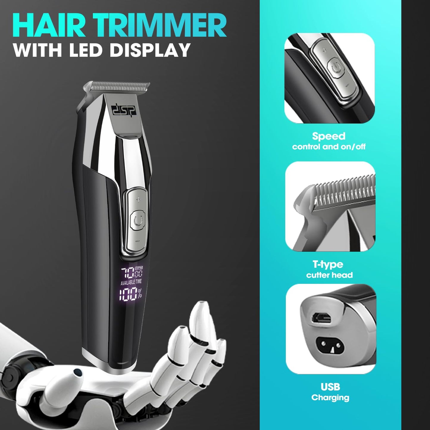 DSP® Hair Trimmer with LED Display - Wireless T Trimmer, Barber Trimmer - All in One Kit, Waterproof - for Barbers and Men