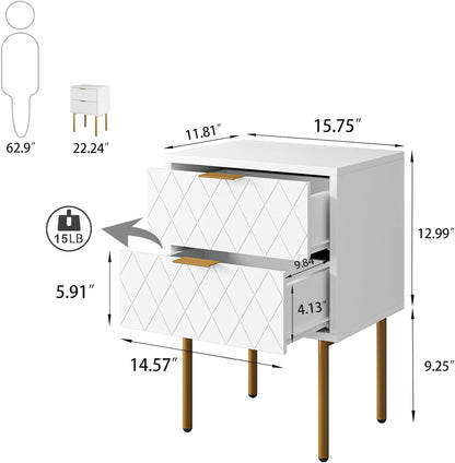 Aobafuir Nightstand, 2 Drawer Dresser for Bedroom, Small Side Table with 2 Drawers, Bedside Furniture, Night Stand, End Table with Gold Frame for Bedroom, Living Room, White Stripe