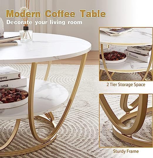 Ereteken ART Round Gold Coffee Table,2 Tier Coffee Tables for Living Room,Circle Coffe Table with Storage Modern Center Tea Table Wooden Faux Marble Top Metal Legs Accent Table (White)