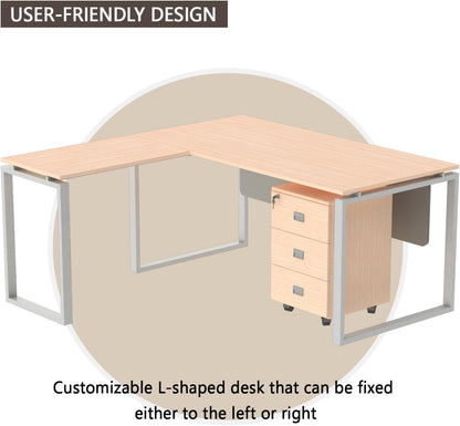 Mahmayi Carre Modern Workstation- Office Furniture with Steel Square Metal Legs, Silver Modesty Panel, Wood 3 Drawer Mobile Storage Unit, Tempered Glass Top for Office Executives, Home (140CM, White)