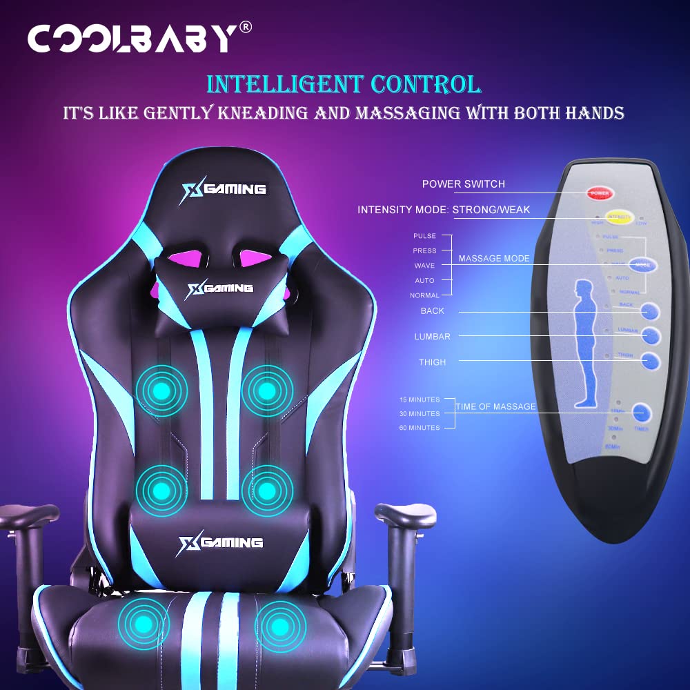 COOLBABY Gaming Chair LED Light Racing Chair,Ergonomic Office Massage Chair,Lumbar Support and Adjustable Back Bench,Bluetooth Speaker…