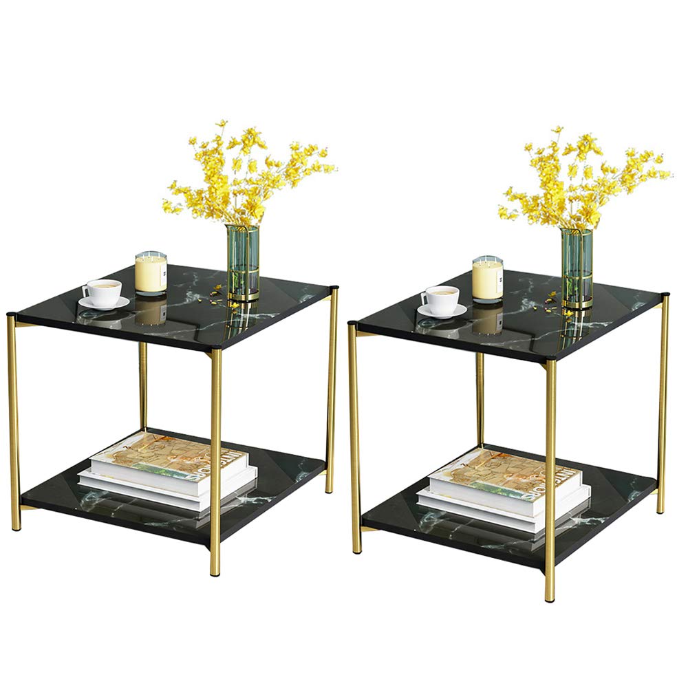 Coffee Tables for Living Room, Double-Layered Square End Side Tables Sofa Table, Modern Marble Nesting Table with Metal Frame Legs Set of 2 (White+square+Golden frame)