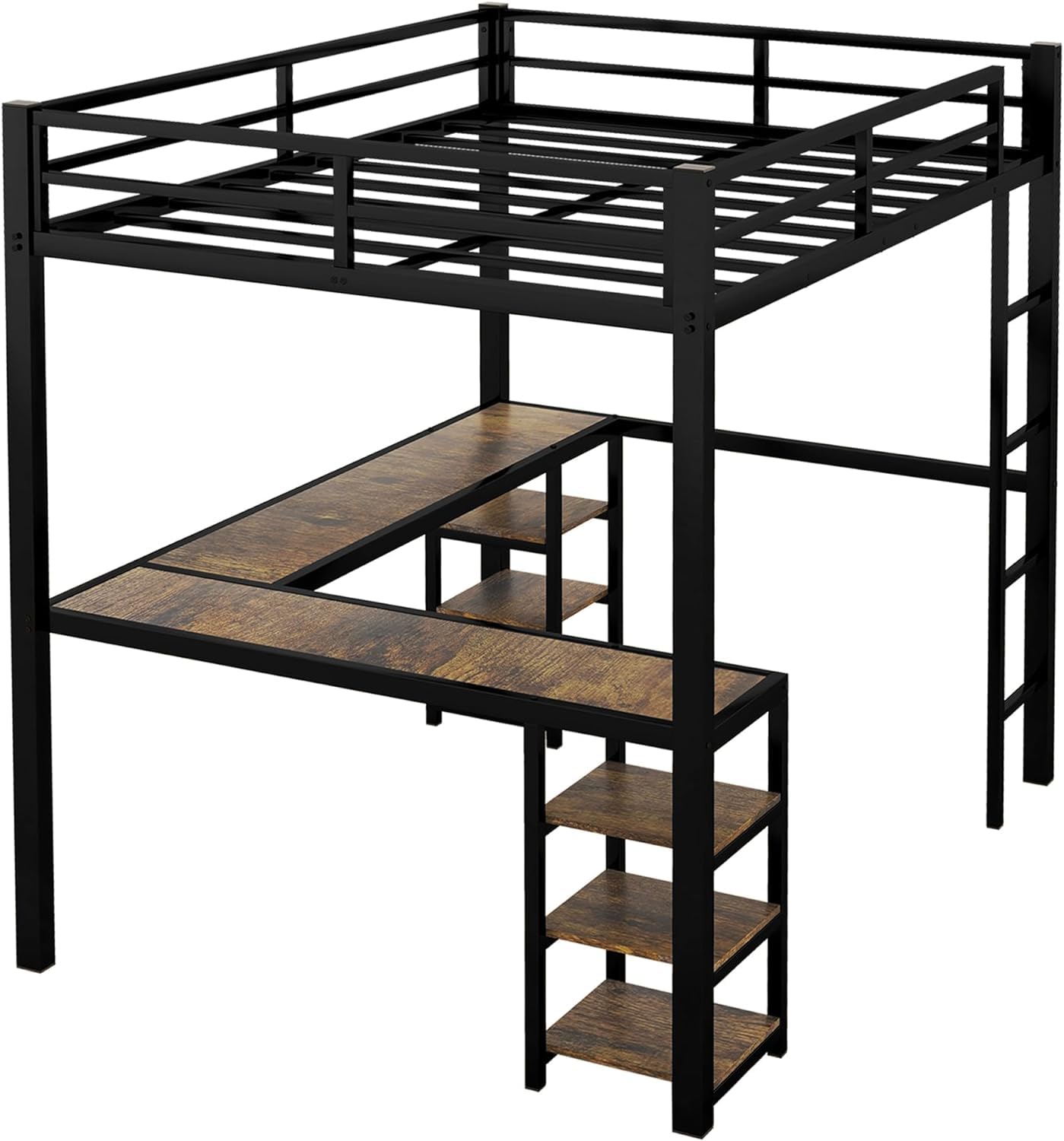 ROYAL POLAR Full Size Loft Bed with Desk and Storage Shelves Heavy Duty Metal Dunk Bed with Full-Length Guardrail Ladder Suitable for Teenagers Capacity 180KG