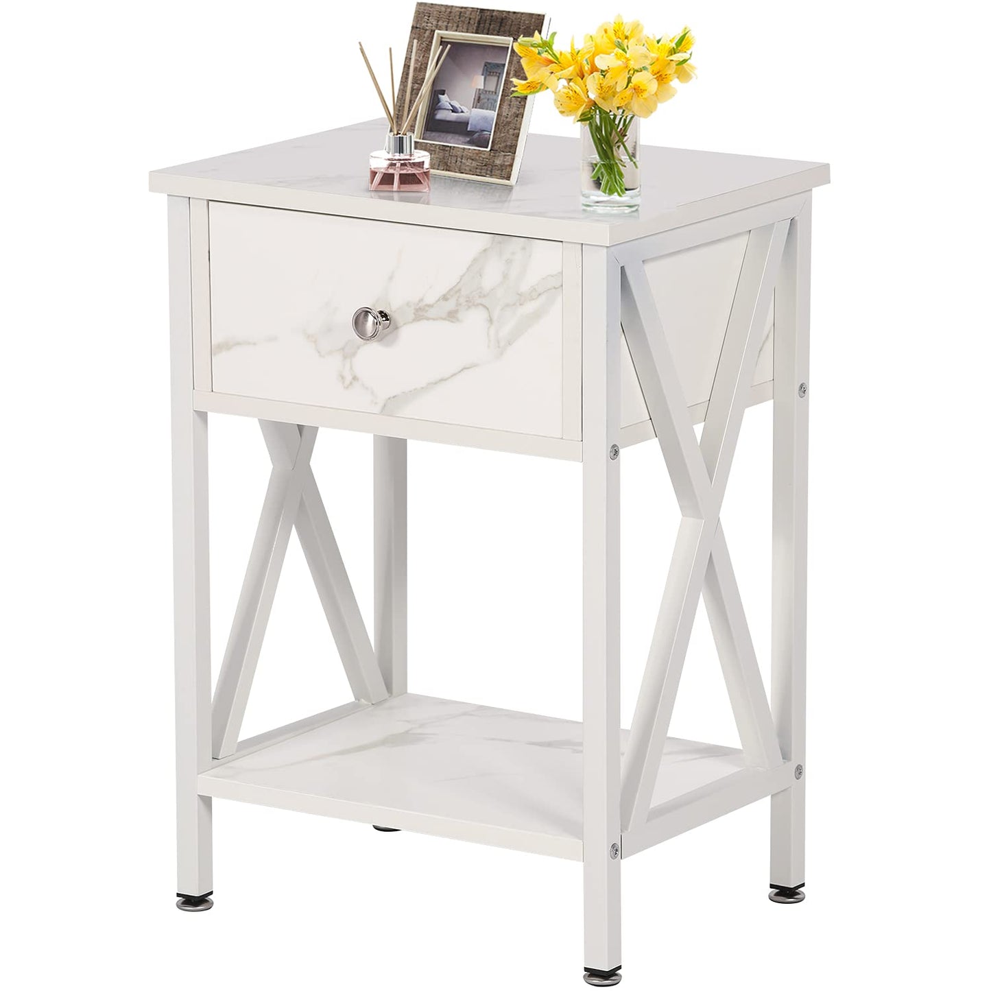 Modern Versatile Nightstands X-Design Side End Table Night Stand Storage Shelf with Bin Drawer for Living Room Bedroom, Marble White