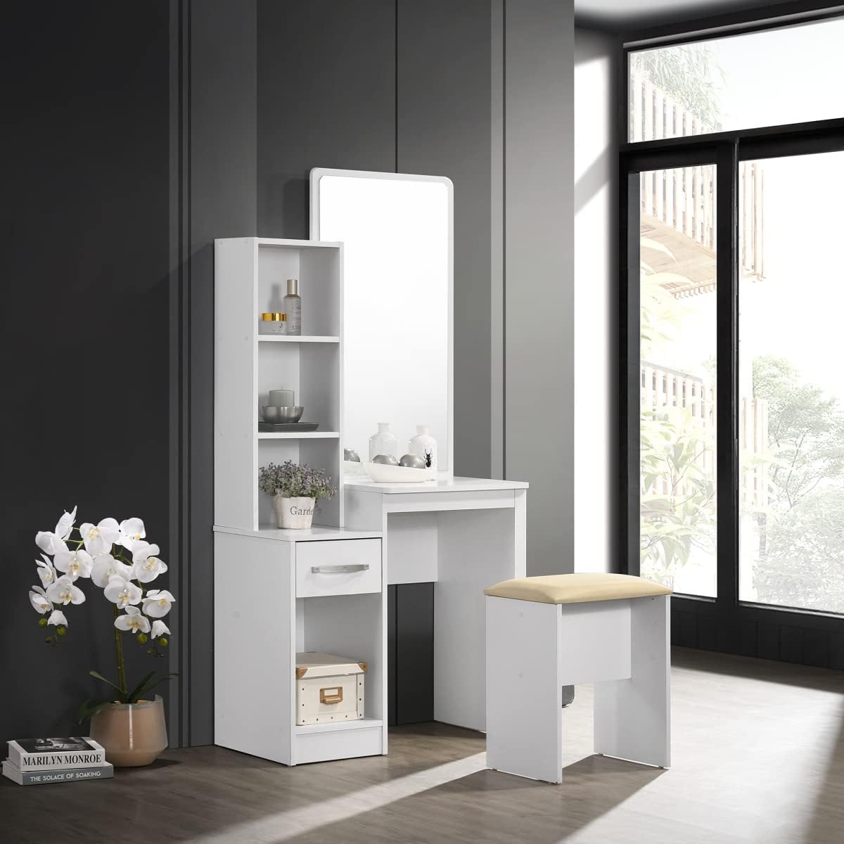 Home Box Kulltorp 2-Piece Plus Dresser With Mirror And Stool Set 79.5 X 163 X 39.5 Cm White