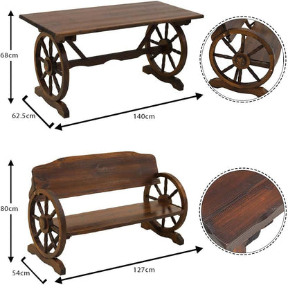 YATAI Wooden Wagon Wheel Bench and Table Set – Garden Bench and Table – Wooden Bench for Garden – Patio Bench and Table Set – Patio Dining Table Chair Set – Sofa Set Outdoor Garden Set