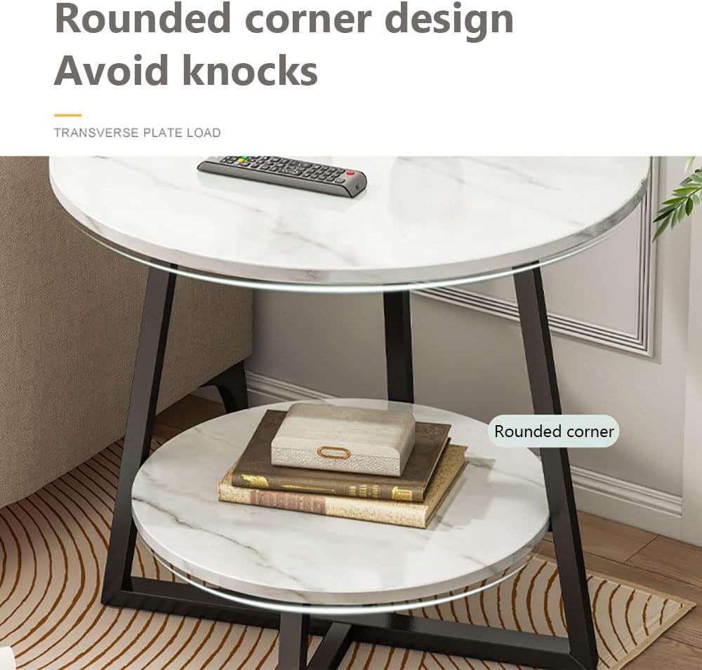 Round Coffee Table, Double Layer Sofa Side Table End Table, Imitation Marble Coffee Round Table Snack Table Bedside Table Nightstand with 2 Layer Storage for Living Room Small Space (H221-Black Top)