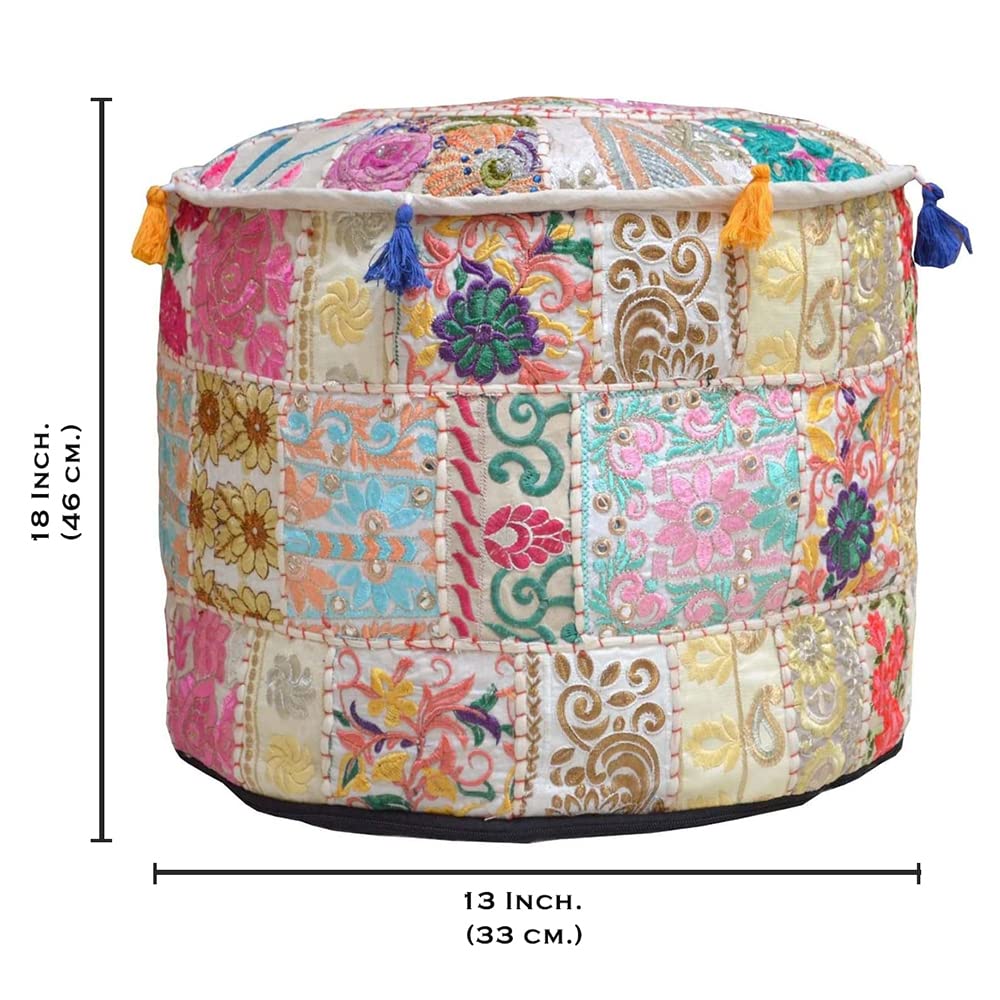 Aakriti Gallery Indian Pouf Footstool Ethnic Embroidered Pouf Cover, Indian Cotton Round Pouffe Ottoman Pouf Cover Pillow Ethnic Decor Art - Cover Only (Yellow, 18x13)