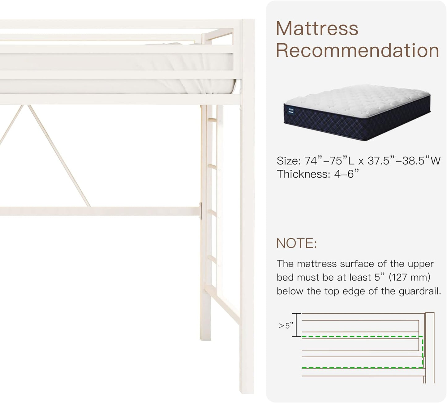 ikalido Metal Loft Bed Twin Size, Multifunctional Twin Bed with Safety Guard & Removable Ladder, Space-Saving/Noise Free/No Box Spring Needed/Matte White