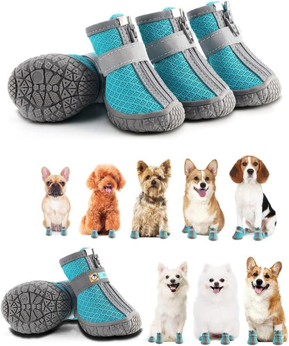 Dog Shoes, 4 Pcs Size 4 Anti-Slip Breathable Waterproof Dog Booties, Boot Paw Protector for Small Dog, Dog Hiking Shoes with Reflective Adjustable Strap Zipper, Puppy Shoe for Hot Pavement Winter Snow