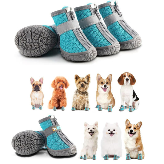 Dog Shoes, 4 Pcs Size 4 Anti-Slip Breathable Waterproof Dog Booties, Boot Paw Protector for Small Dog, Dog Hiking Shoes with Reflective Adjustable Strap Zipper, Puppy Shoe for Hot Pavement Winter Snow